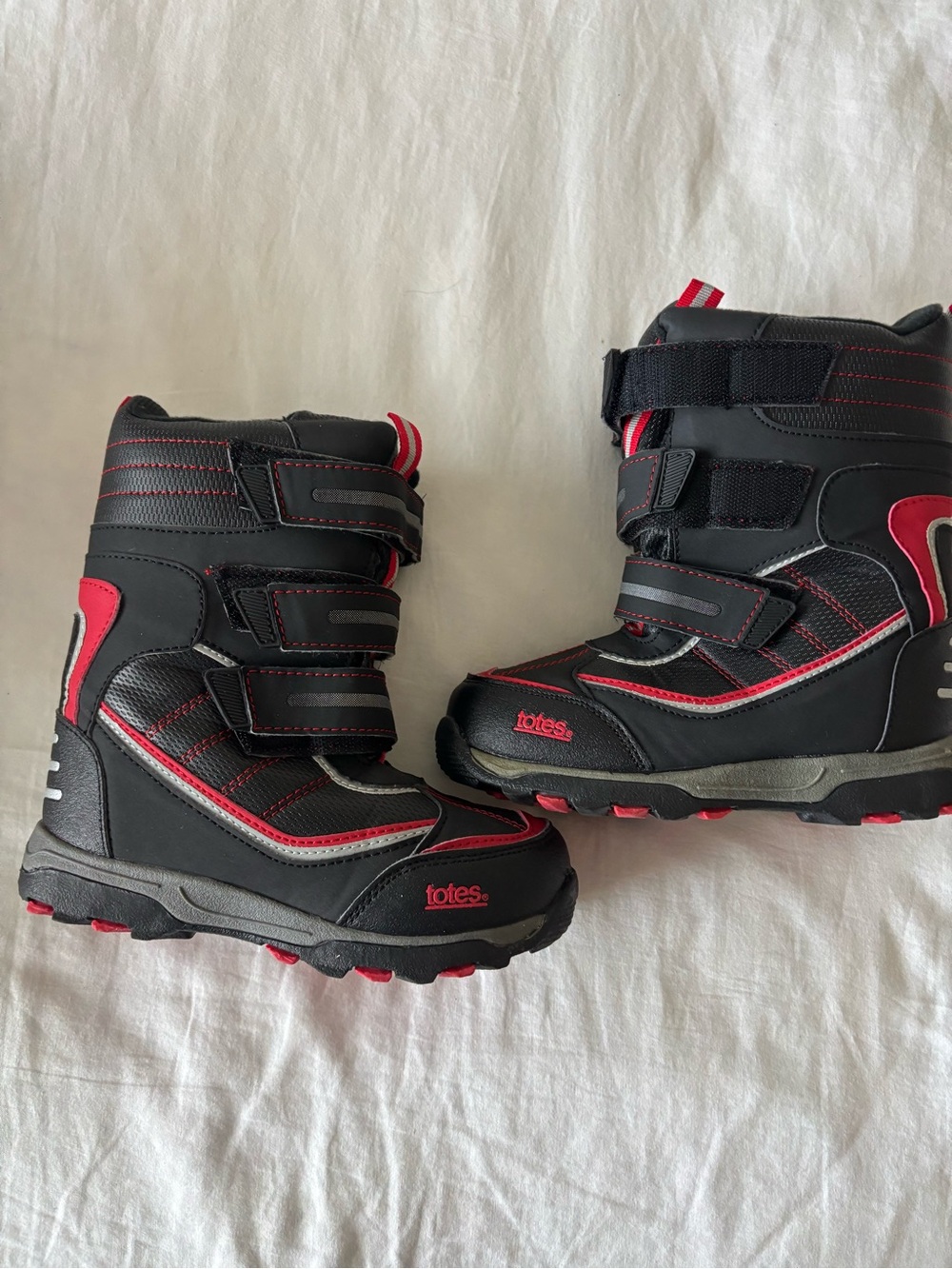 totes Black and Red Kids Snow Boots with Triple Velcro Straps